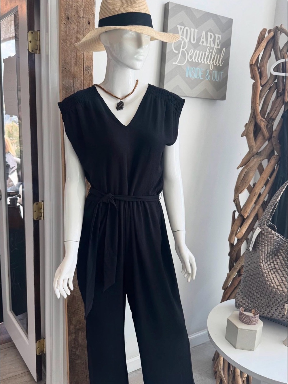 Ninety Black V-Neck Short sleeve jumpsuit with Waist Tie